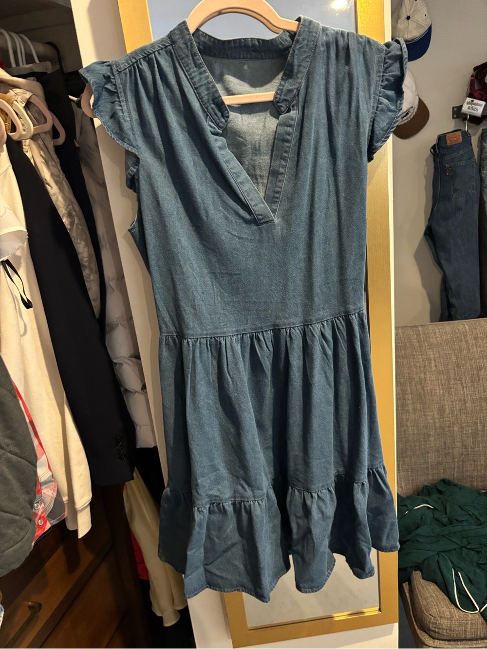 Womens Denim-Look Blue Ruffle Hem Dress